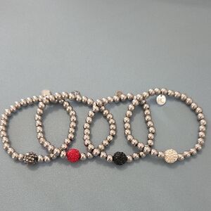 Rustic Cuff Silver Beaded Bracelet Set with Red, Grey, White, and Black Accents